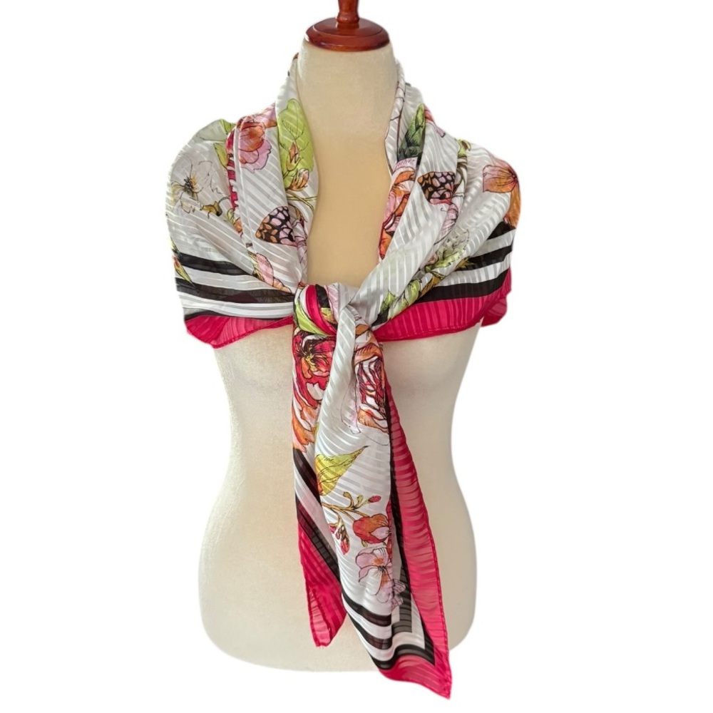 Max Studio Floral Stripe Scarf Wrap 48” Square Pink White Green Black